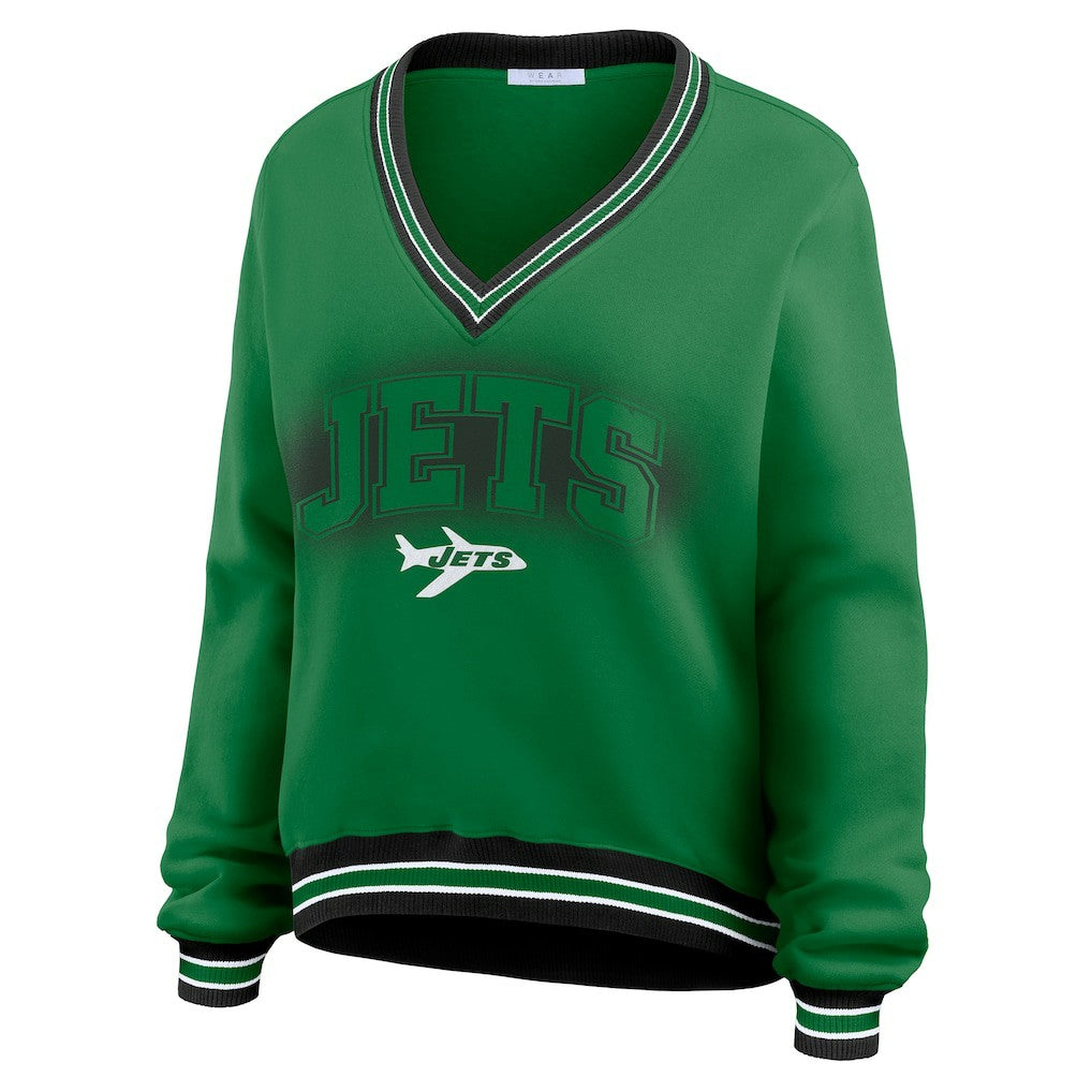 New York Jets WEAR by Erin Andrews Women's Oversized Long Sleeve V-Neck Sweatshirt Green | NFL