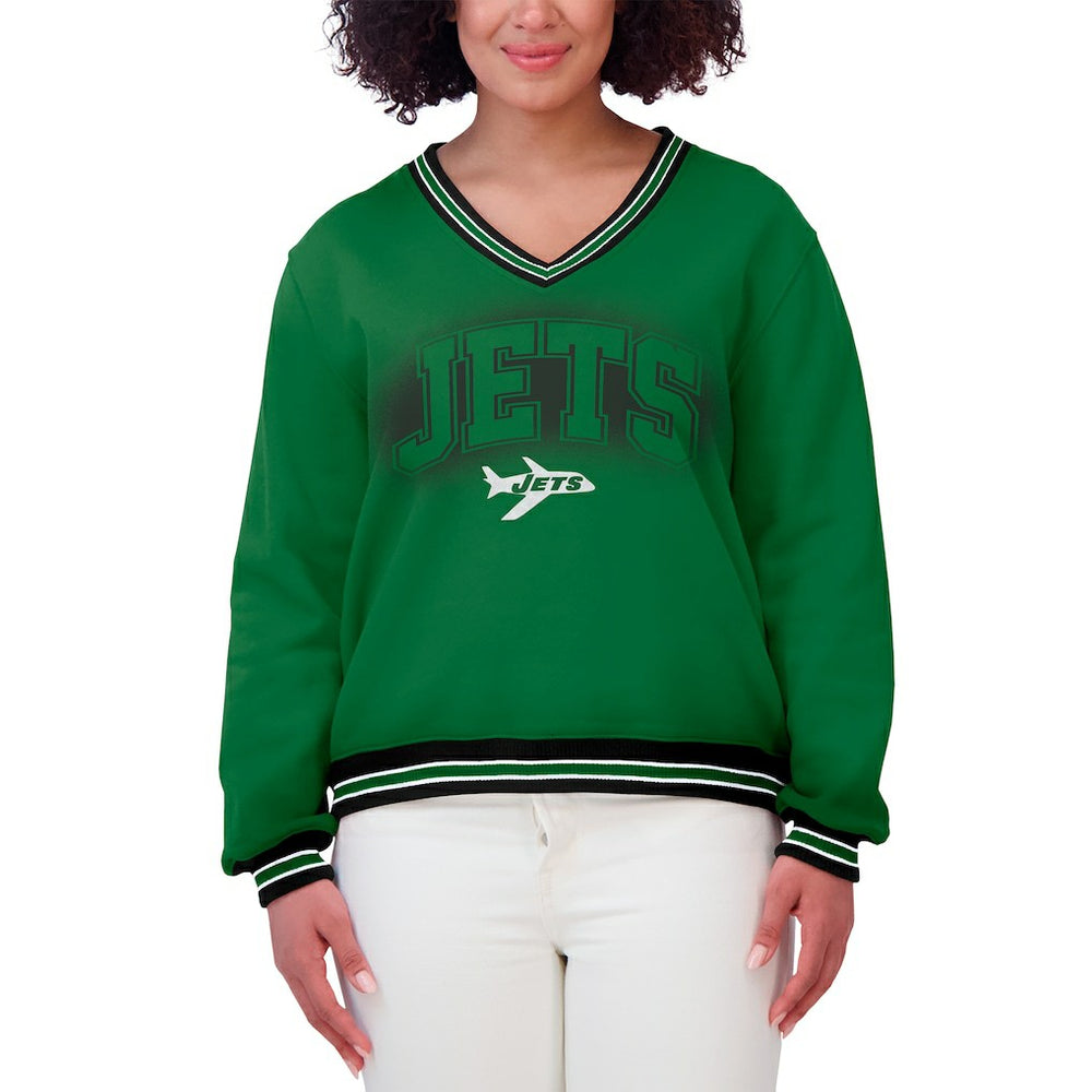 New York Jets WEAR by Erin Andrews Women's Oversized Long Sleeve V-Neck Sweatshirt Green | NFL