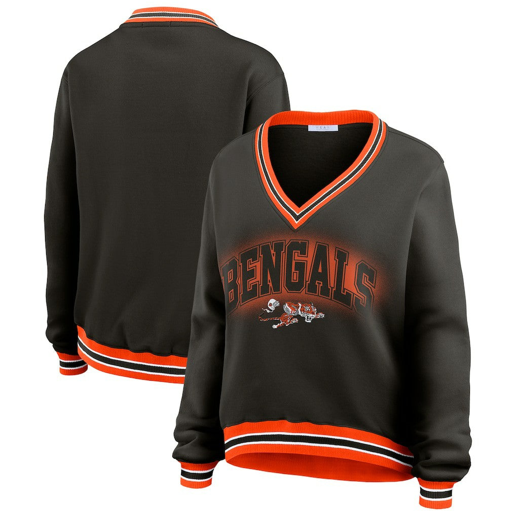 Cincinnati Bengals WEAR by Erin Andrews Women's Oversized Long Sleeve V-Neck Sweatshirt Black | NFL
