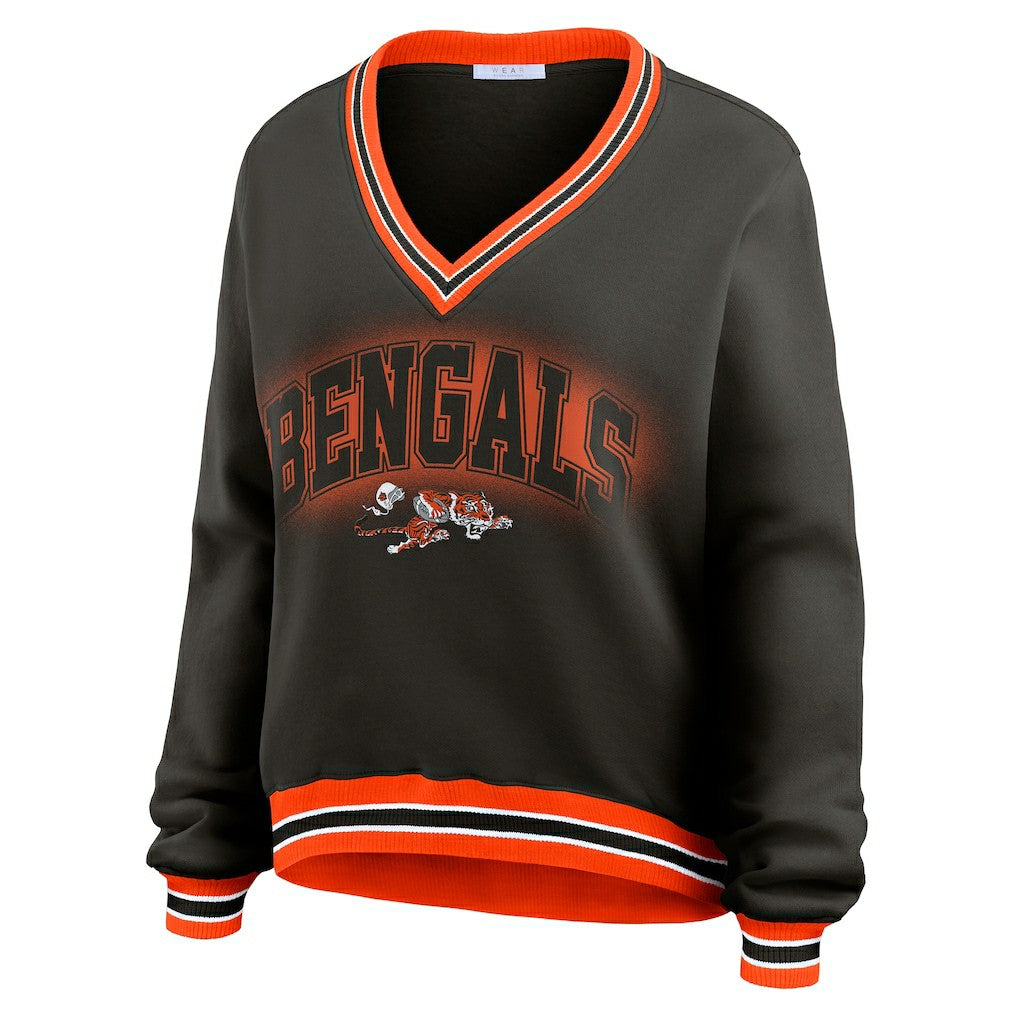 Cincinnati Bengals WEAR by Erin Andrews Women's Oversized Long Sleeve V-Neck Sweatshirt Black | NFL