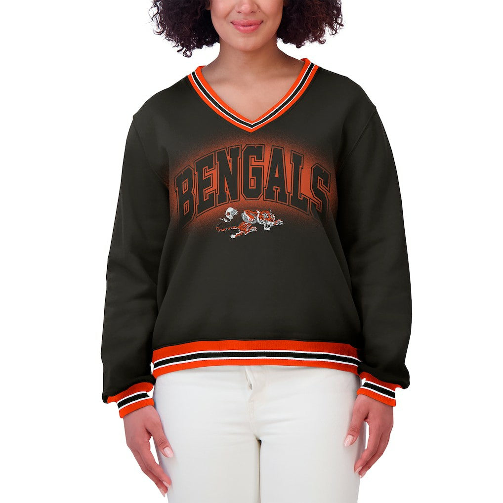 Cincinnati Bengals WEAR by Erin Andrews Women's Oversized Long Sleeve V-Neck Sweatshirt Black | NFL