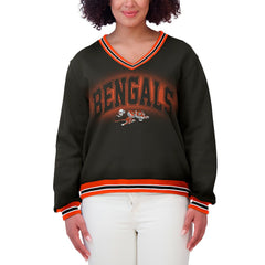 Cincinnati Bengals WEAR by Erin Andrews Women's Oversized Long Sleeve V-Neck Sweatshirt Black | NFL