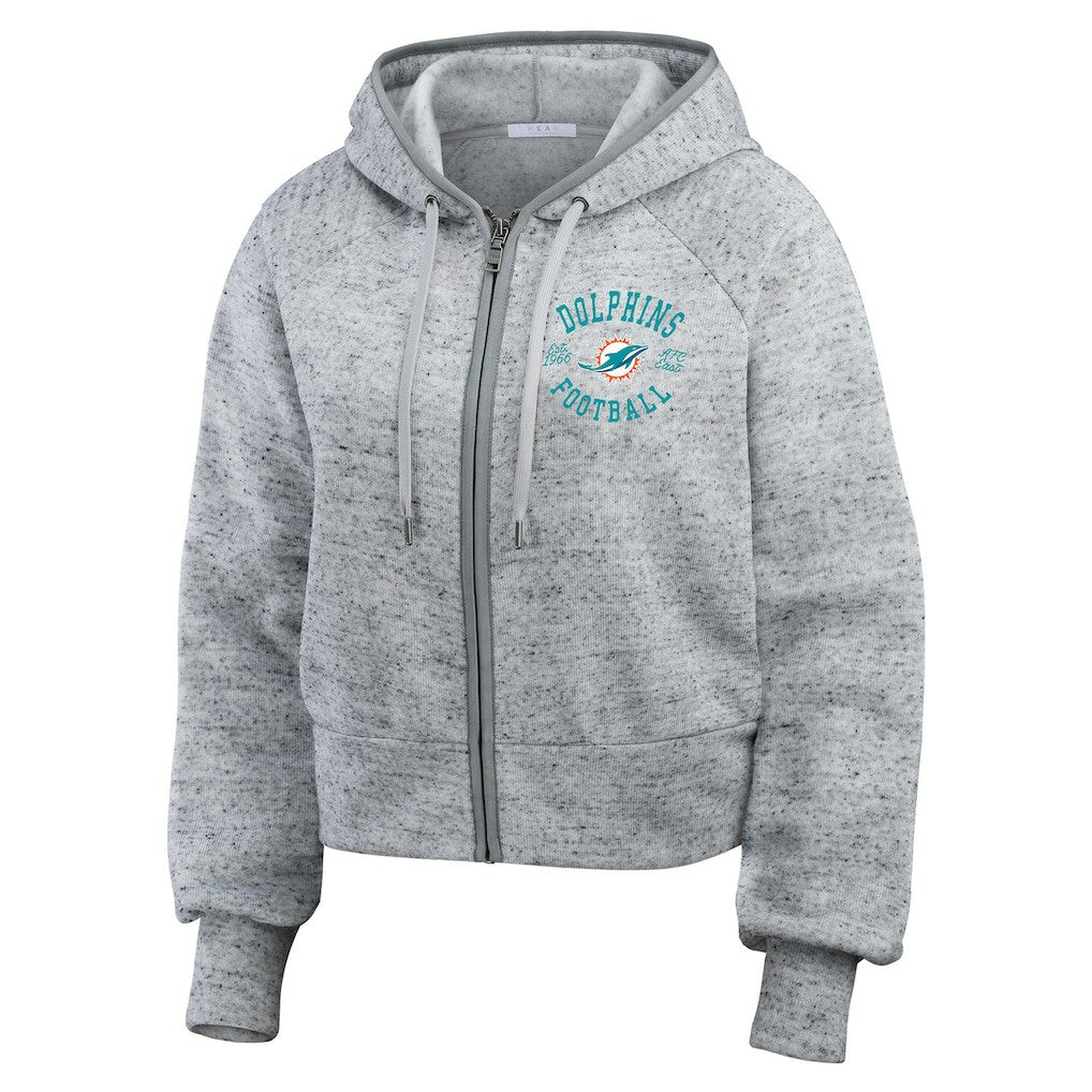 Miami Dolphins WEAR by Erin Andrews Women's Speckled Fleece Cropped Full-Zip Hoodie Heather Gray | NFL