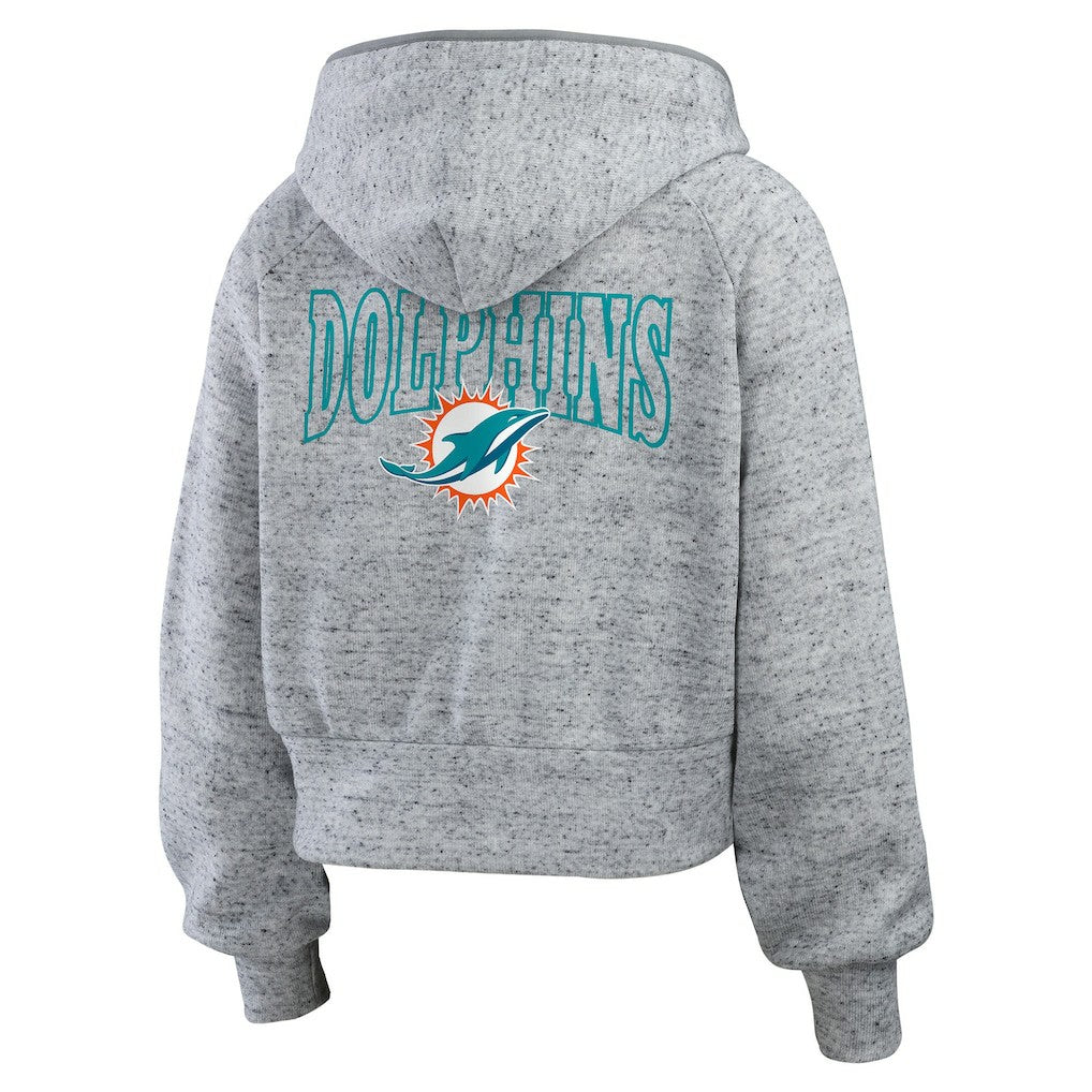 Miami Dolphins WEAR by Erin Andrews Women's Speckled Fleece Cropped Full-Zip Hoodie Heather Gray | NFL