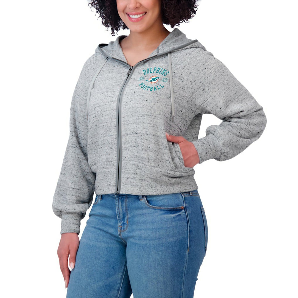 Miami Dolphins WEAR by Erin Andrews Women's Speckled Fleece Cropped Full-Zip Hoodie Heather Gray | NFL