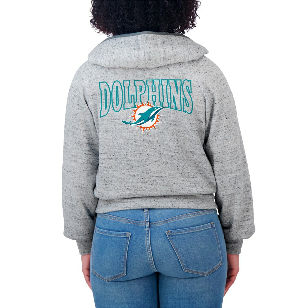 Miami Dolphins WEAR by Erin Andrews Women's Speckled Fleece Cropped Full-Zip Hoodie Heather Gray | NFL