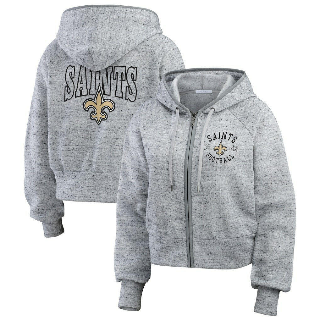 New Orleans Saints WEAR by Erin Andrews Women's Speckled Fleece Cropped Full-Zip Hoodie Heather Gray | NFL