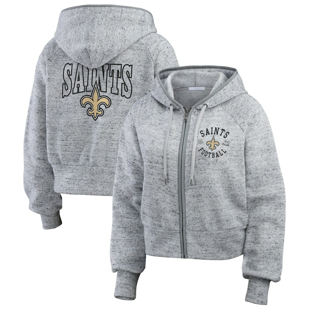 New Orleans Saints WEAR by Erin Andrews Women's Speckled Fleece Cropped Full-Zip Hoodie Heather Gray | NFL