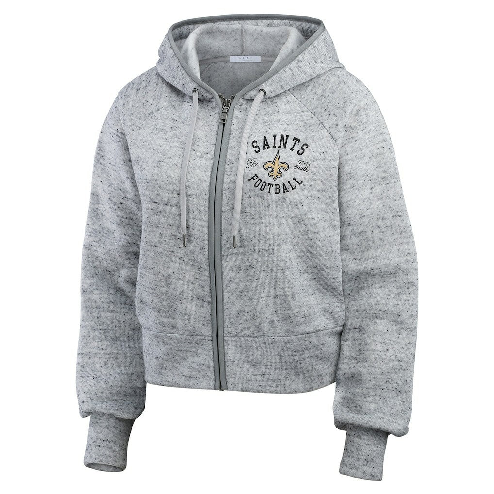 New Orleans Saints WEAR by Erin Andrews Women's Speckled Fleece Cropped Full-Zip Hoodie Heather Gray | NFL