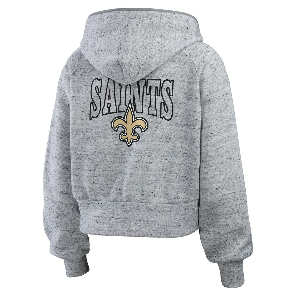 New Orleans Saints WEAR by Erin Andrews Women's Speckled Fleece Cropped Full-Zip Hoodie Heather Gray | NFL