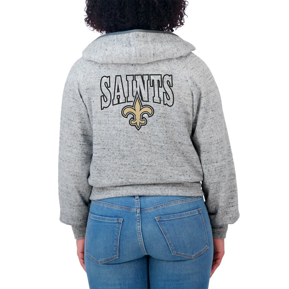 New Orleans Saints WEAR by Erin Andrews Women's Speckled Fleece Cropped Full-Zip Hoodie Heather Gray | NFL