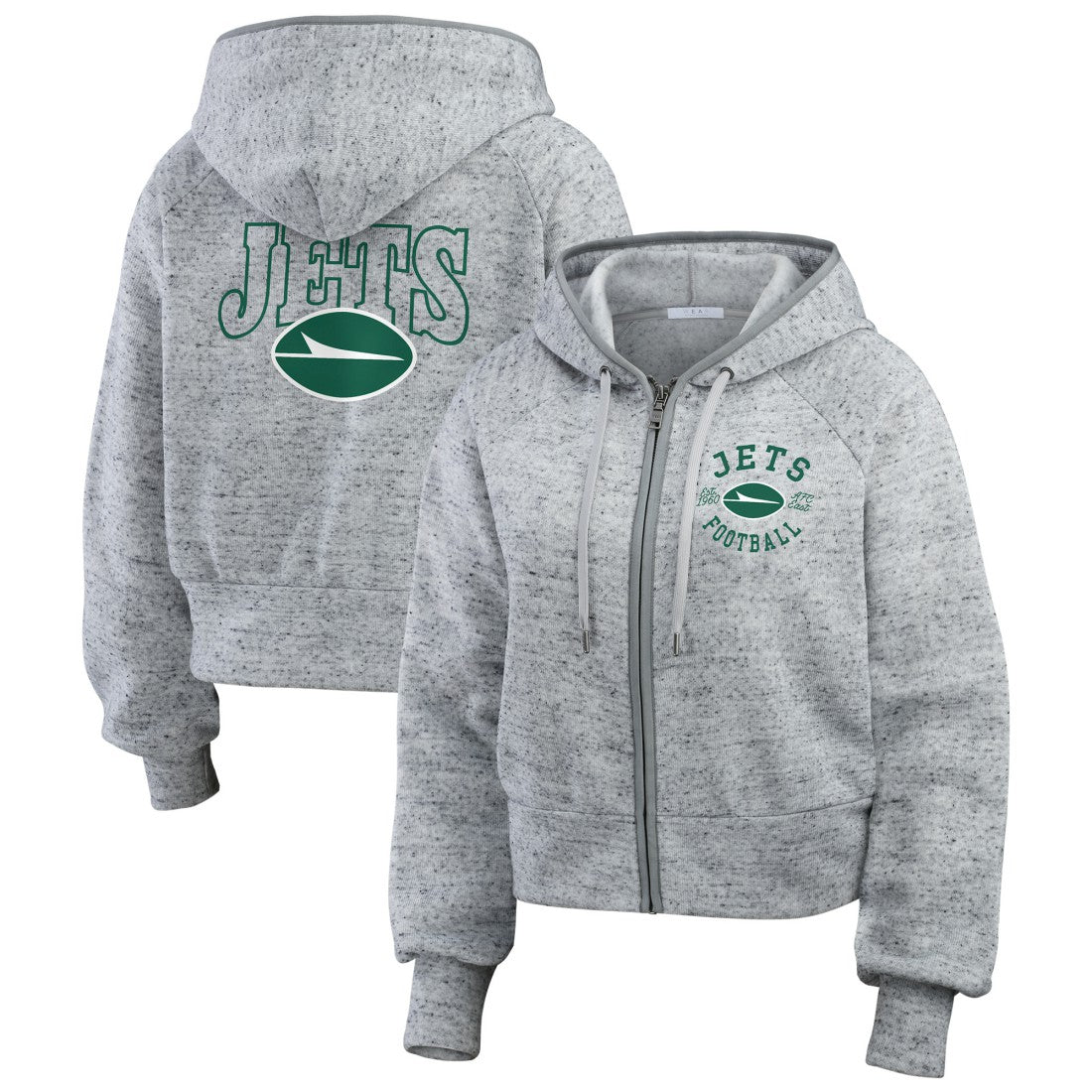 New York Jets WEAR by Erin Andrews Women's Speckled Fleece Cropped Full-Zip Hoodie Heather Gray | NFL