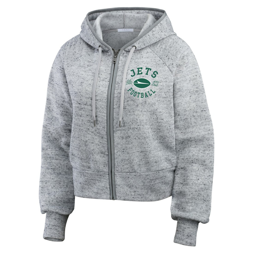 New York Jets WEAR by Erin Andrews Women's Speckled Fleece Cropped Full-Zip Hoodie Heather Gray | NFL