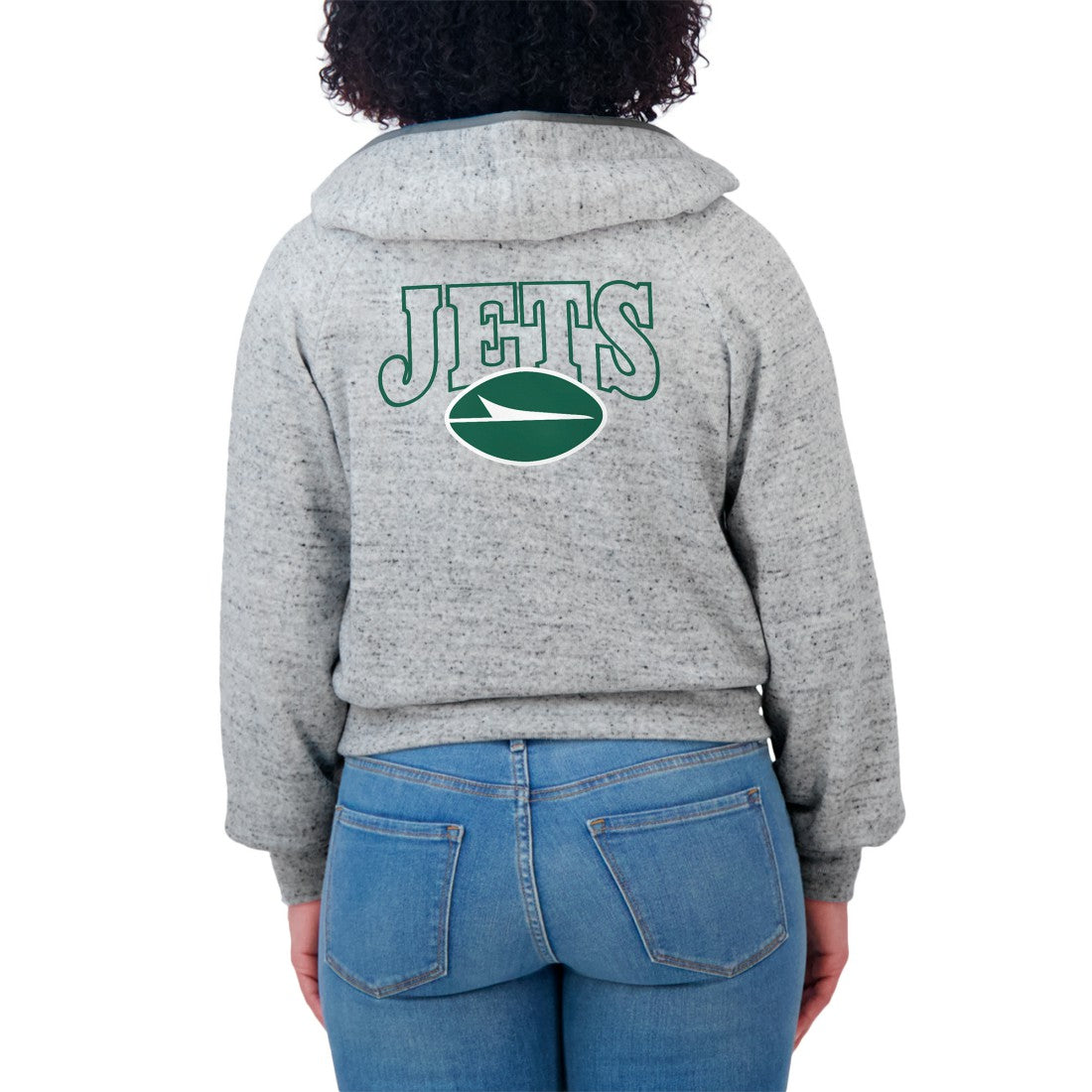 New York Jets WEAR by Erin Andrews Women's Speckled Fleece Cropped Full-Zip Hoodie Heather Gray | NFL
