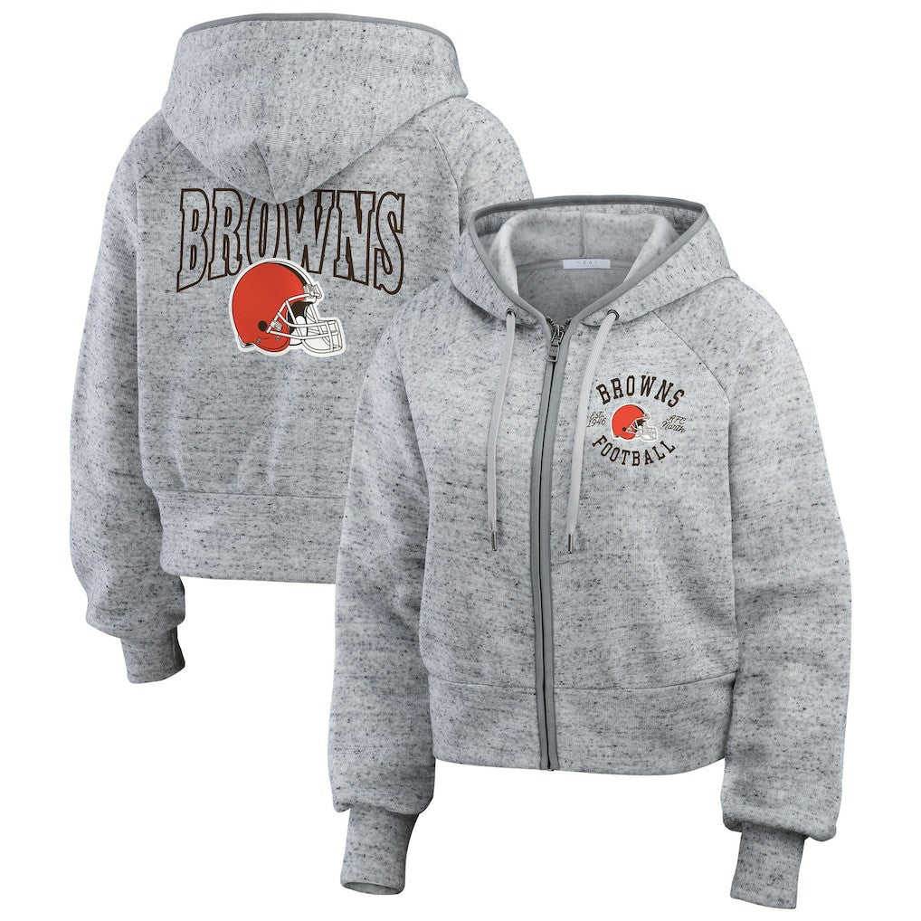 Cleveland Browns WEAR by Erin Andrews Women's Speckled Fleece Cropped Full-Zip Hoodie Heather Gray | NFL