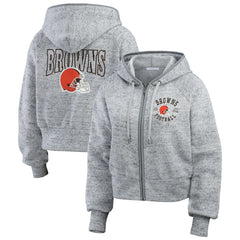 Cleveland Browns WEAR by Erin Andrews Women's Speckled Fleece Cropped Full-Zip Hoodie Heather Gray | NFL