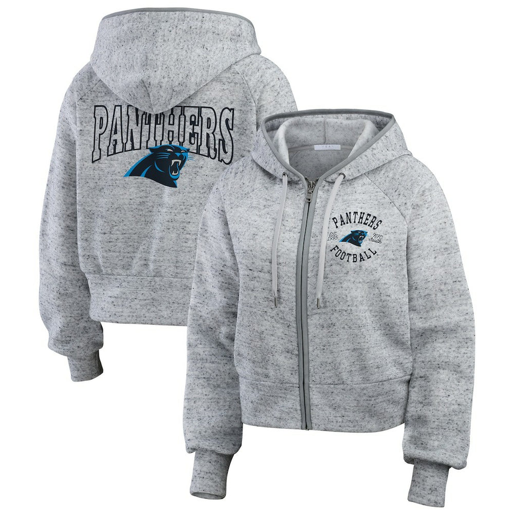 Carolina Panthers WEAR by Erin Andrews Women's Speckled Fleece Cropped Full-Zip Hoodie Heather Gray | NFL