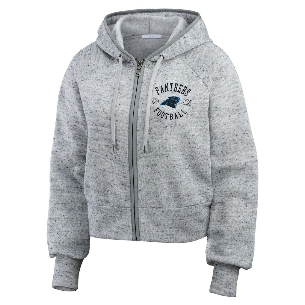 Carolina Panthers WEAR by Erin Andrews Women's Speckled Fleece Cropped Full-Zip Hoodie Heather Gray | NFL