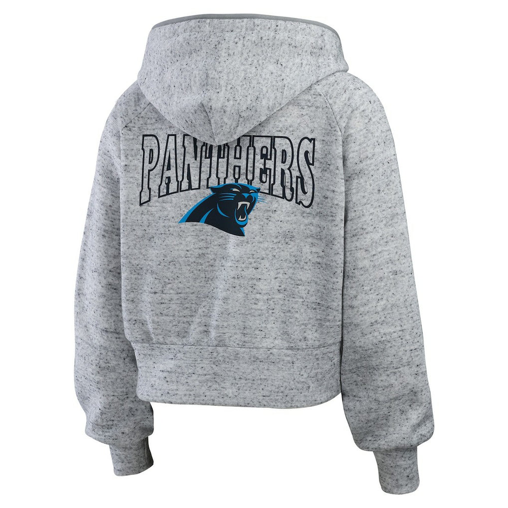 Carolina Panthers WEAR by Erin Andrews Women's Speckled Fleece Cropped Full-Zip Hoodie Heather Gray | NFL