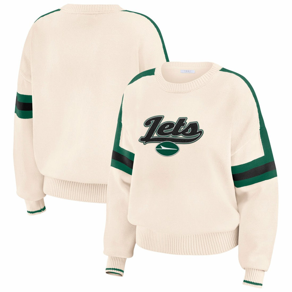 New York Jets WEAR by Erin Andrews Women's Stripe Pullover Sweater Cream | NFL