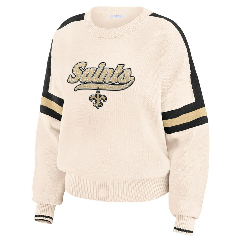New Orleans Saints WEAR by Erin Andrews Women's Stripe Pullover Sweater Cream | NFL