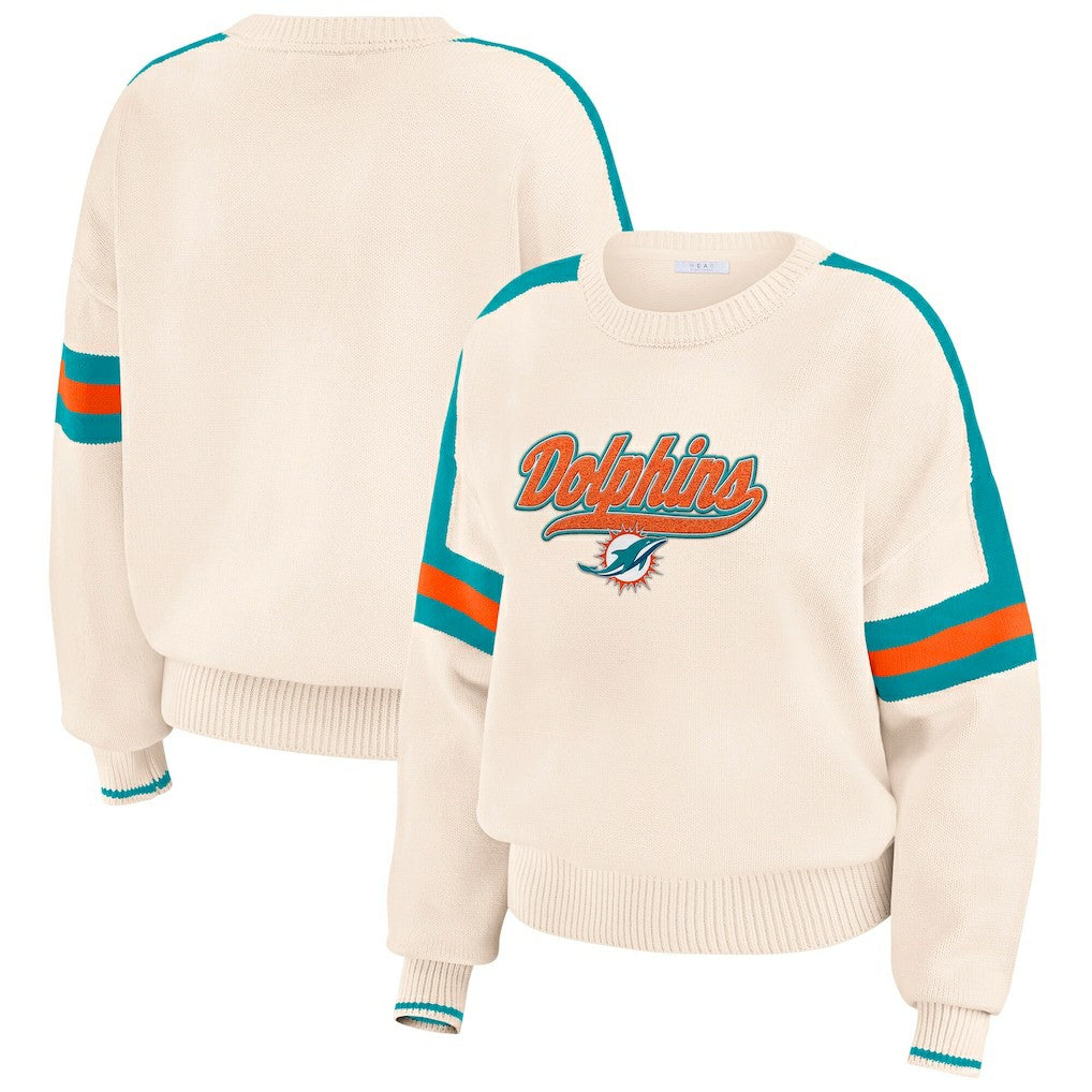 Miami Dolphins WEAR by Erin Andrews Women's Stripe Pullover Sweater Cream | NFL