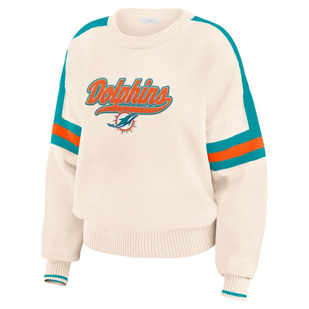 Miami Dolphins WEAR by Erin Andrews Women's Stripe Pullover Sweater Cream | NFL