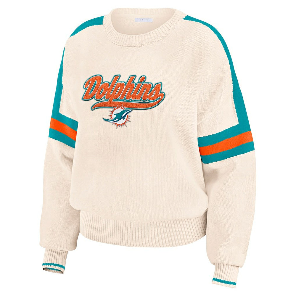 Miami Dolphins WEAR by Erin Andrews Women's Stripe Pullover Sweater Cream | NFL