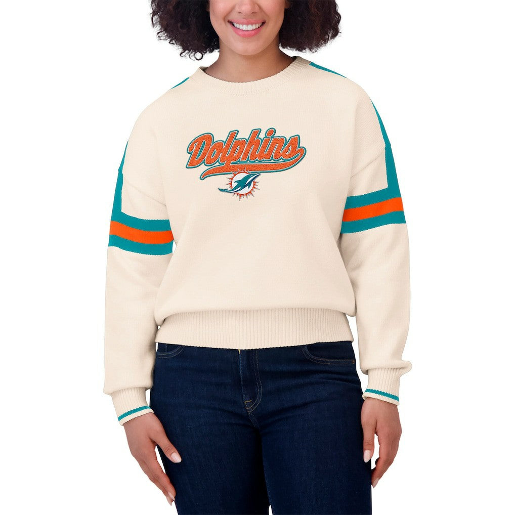 Miami Dolphins WEAR by Erin Andrews Women's Stripe Pullover Sweater Cream | NFL