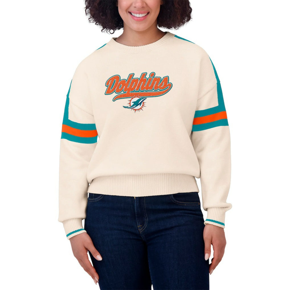 Miami Dolphins WEAR by Erin Andrews Women's Stripe Pullover Sweater Cream | NFL