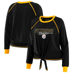 Pittsburgh Steelers WEAR by Erin Andrews Women's Tie-Front Long Sleeve T-Shirt Black | NFL