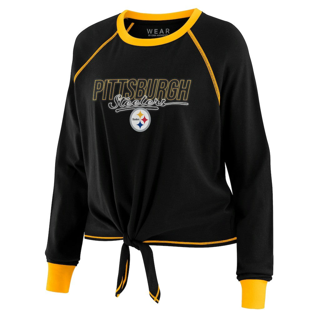 Pittsburgh Steelers WEAR by Erin Andrews Women's Tie-Front Long Sleeve T-Shirt Black | NFL