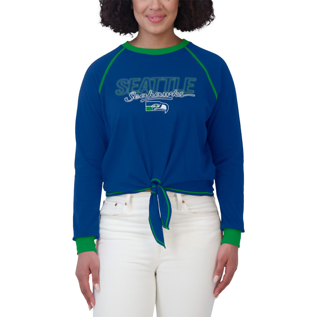 Seattle Seahawks WEAR by Erin Andrews Women's Tie-Front Long Sleeve T-Shirt Royal | NFL