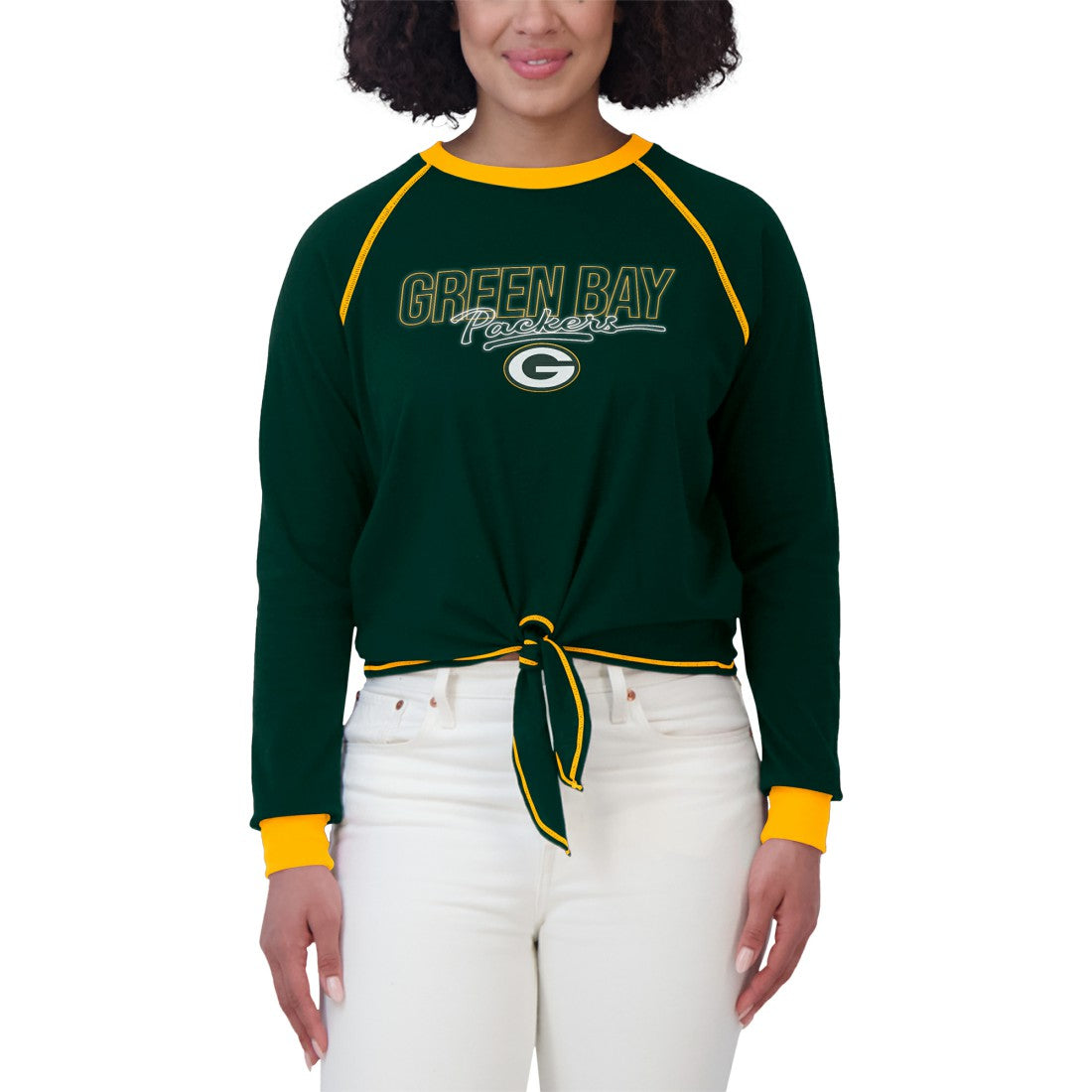 Green Bay Packers WEAR by Erin Andrews Women's Tie-Front Long Sleeve T-Shirt Green | NFL