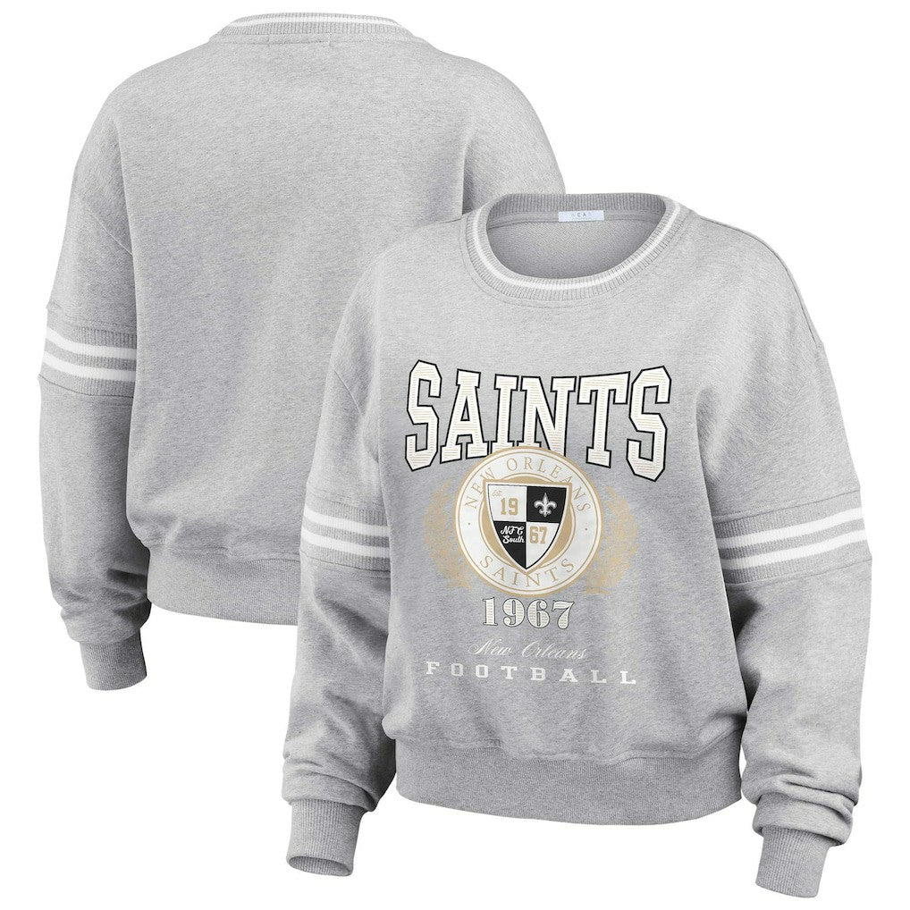 New Orleans Saints WEAR by Erin Andrews Women's Cropped Pullover Sweatshirt Heather Gray | NFL