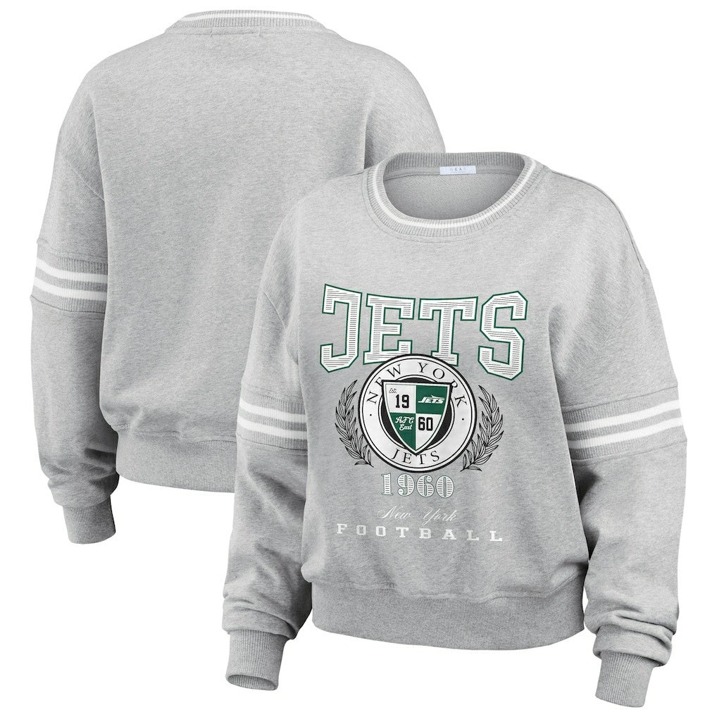 New York Jets WEAR by Erin Andrews Women's Crest Cropped Pullover Sweatshirt Heather Gray | NFL