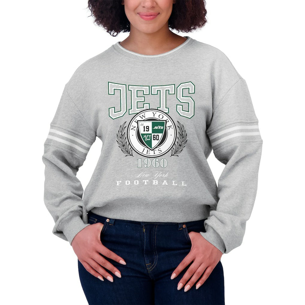 New York Jets WEAR by Erin Andrews Women's Crest Cropped Pullover Sweatshirt Heather Gray | NFL