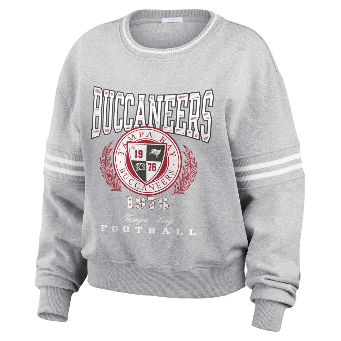 Tampa Bay Buccaneers WEAR by Erin Andrews Women's Cropped Pullover Sweatshirt Heather Gray | NFL