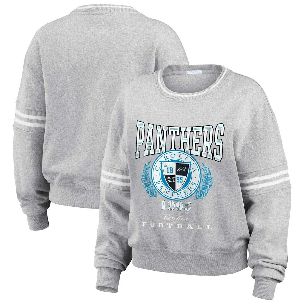 Carolina Panthers WEAR by Erin Andrews Women's Cropped Pullover Sweatshirt Heather Gray | NFL