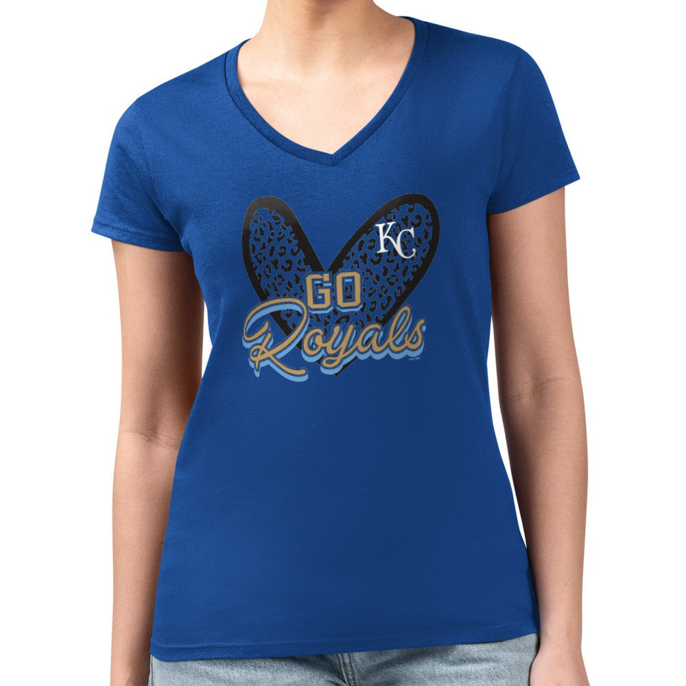 Kansas City Royals G-III 4Her by Carl Banks Women's Super-Slim Fit Lightweight Leopard Heart V-Neck T-Shirt - MLB