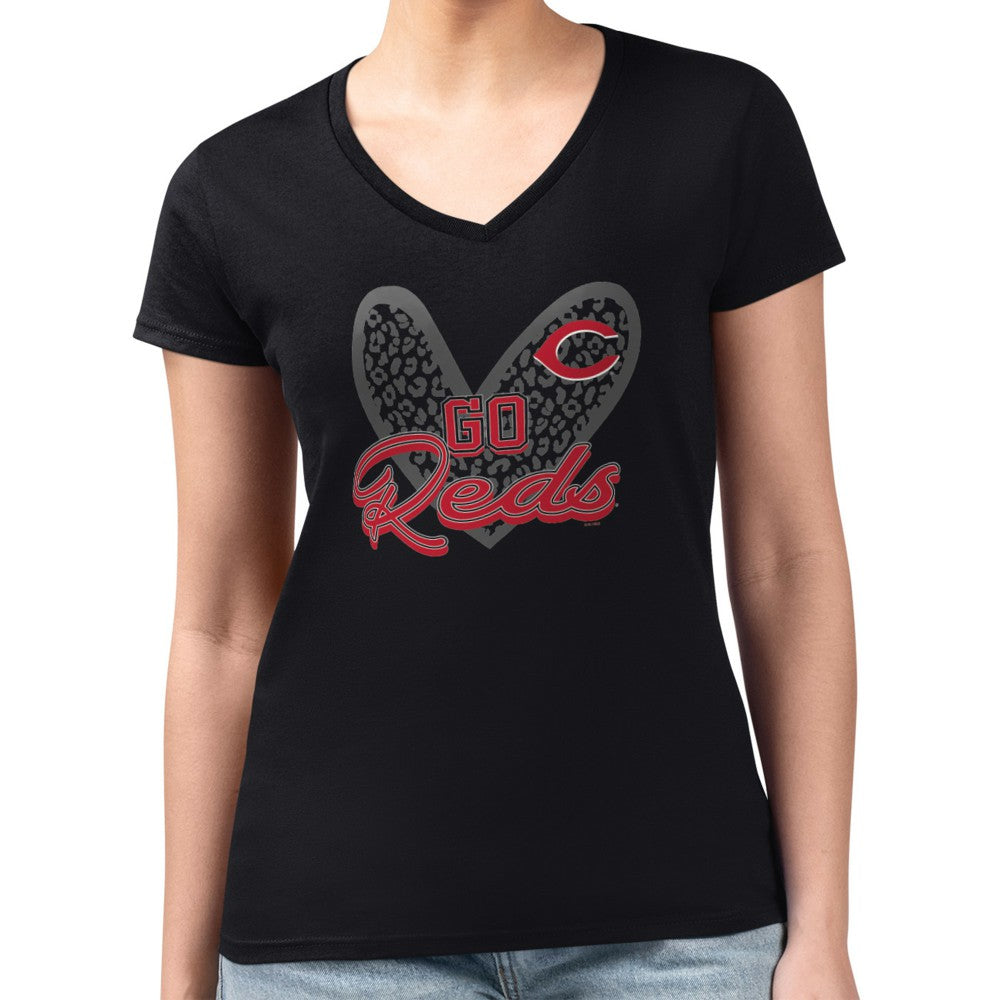 Cincinnati Reds G-III 4Her by Carl Banks Women's Super-Slim Fit Lightweight Leopard Heart V-Neck T-Shirt - MLB