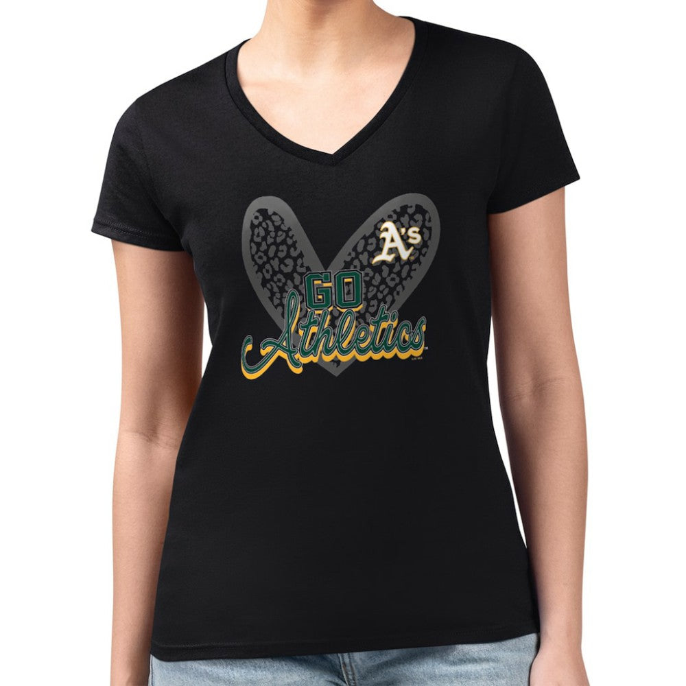 Athletics G-III 4Her by Carl Banks Women's Super-Slim Fit Lightweight Leopard Heart V-Neck T-Shirt - MLB
