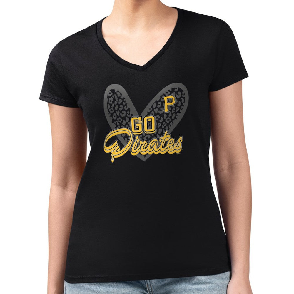 Pittsburgh Pirates G-III 4Her by Carl Banks Women's Super-Slim Fit Lightweight Leopard Heart V-Neck T-Shirt - MLB