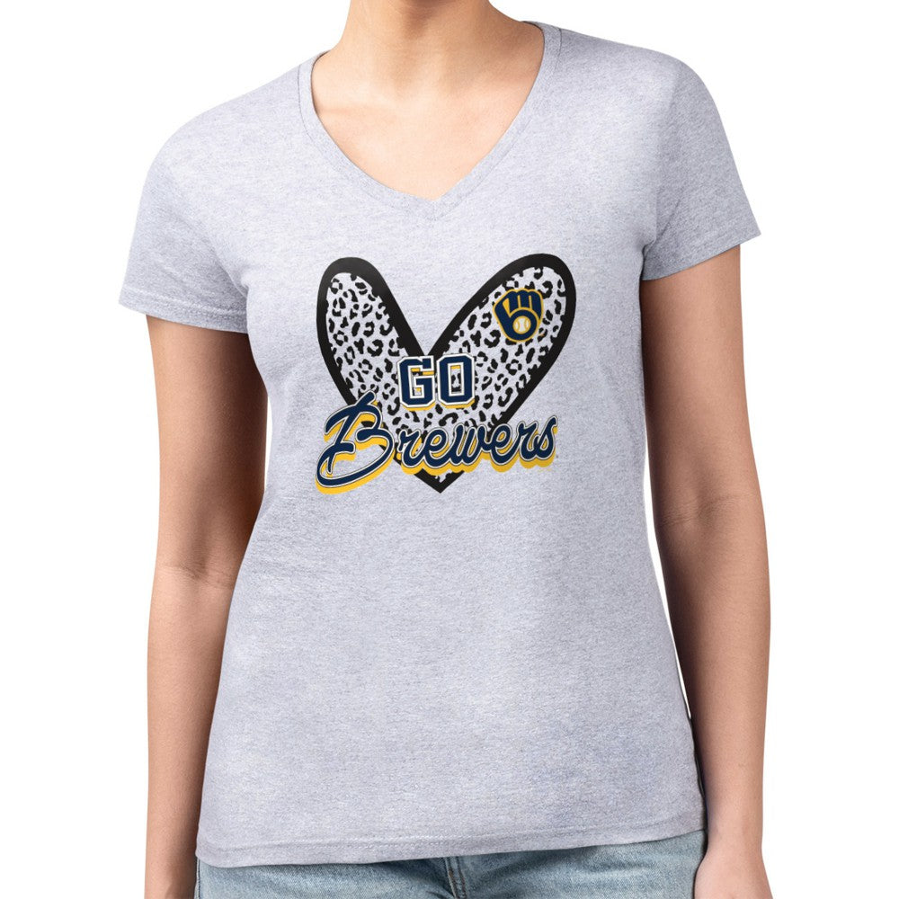 Milwaukee Brewers G-III 4Her by Carl Banks Women's Super-Slim Fit Lightweight Leopard Heart V-Neck T-Shirt - MLB