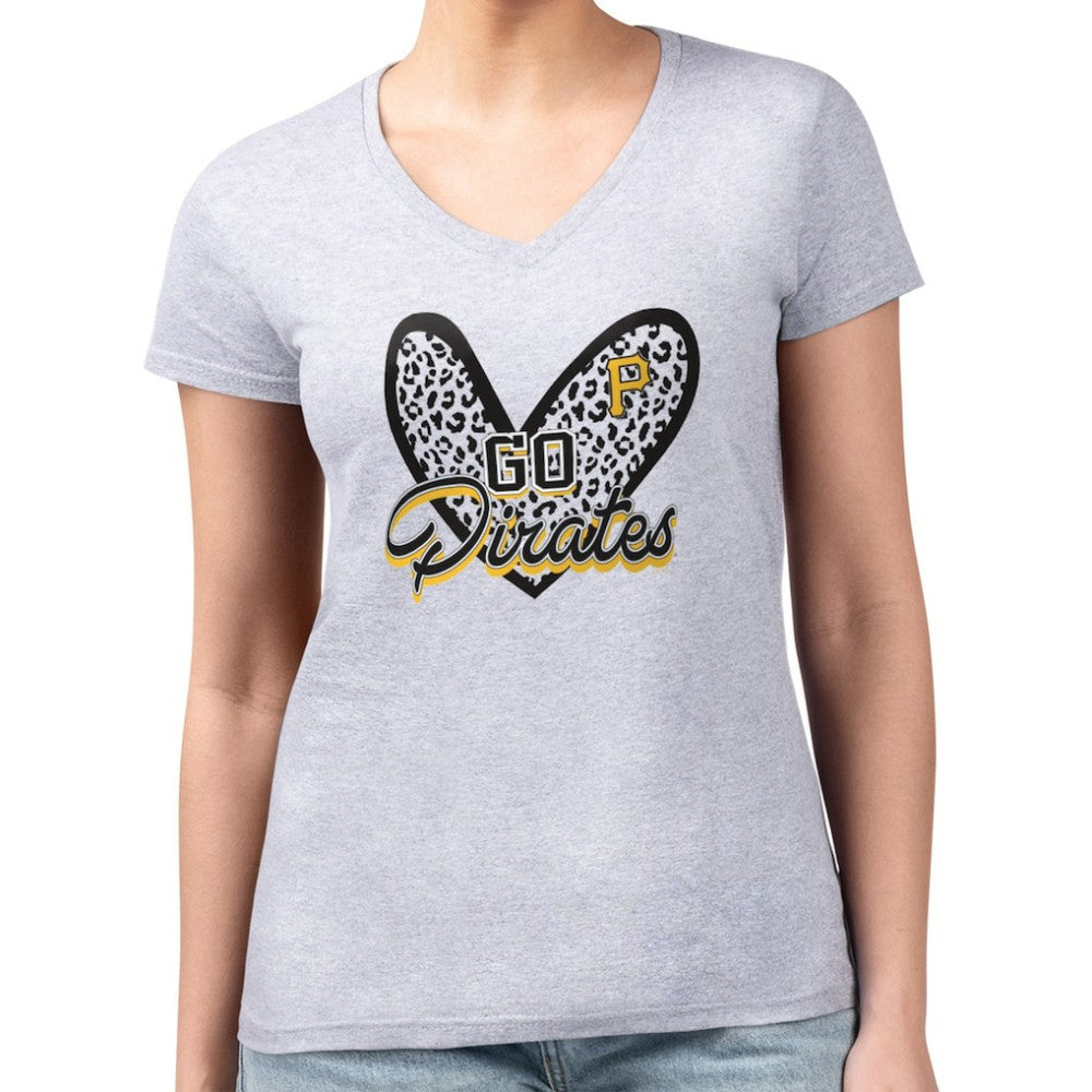 Pittsburgh Pirates G-III 4Her by Carl Banks Women's Super-Slim Fit Lightweight Leopard Heart V-Neck T-Shirt - MLB