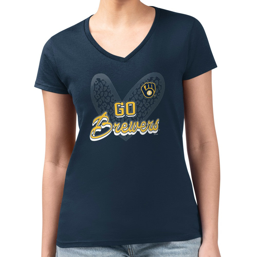 Milwaukee Brewers G-III 4Her by Carl Banks Women's Super-Slim Fit Lightweight Leopard Heart V-Neck T-Shirt - MLB
