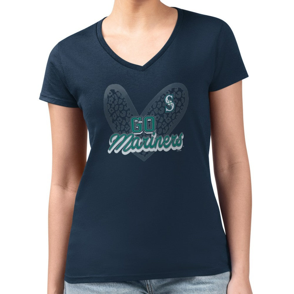 Seattle Mariners G-III 4Her by Carl Banks Women's Super-Slim Fit Lightweight Leopard Heart V-Neck T-Shirt - MLB