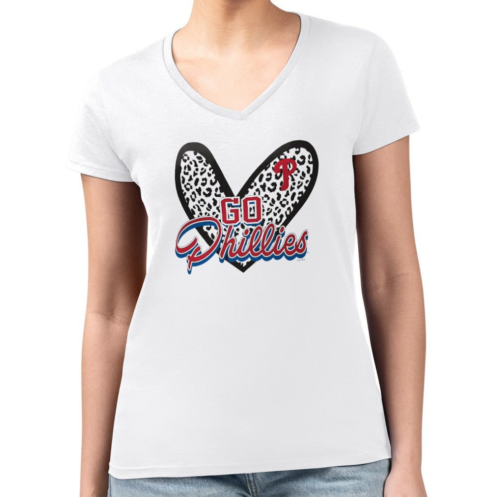Philadelphia Phillies G-III 4Her by Carl Banks Women's Super-Slim Fit Lightweight Leopard Heart V-Neck T-Shirt - MLB