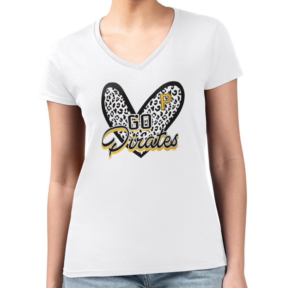 Pittsburgh Pirates G-III 4Her by Carl Banks Women's Super-Slim Fit Lightweight Leopard Heart V-Neck T-Shirt - MLB