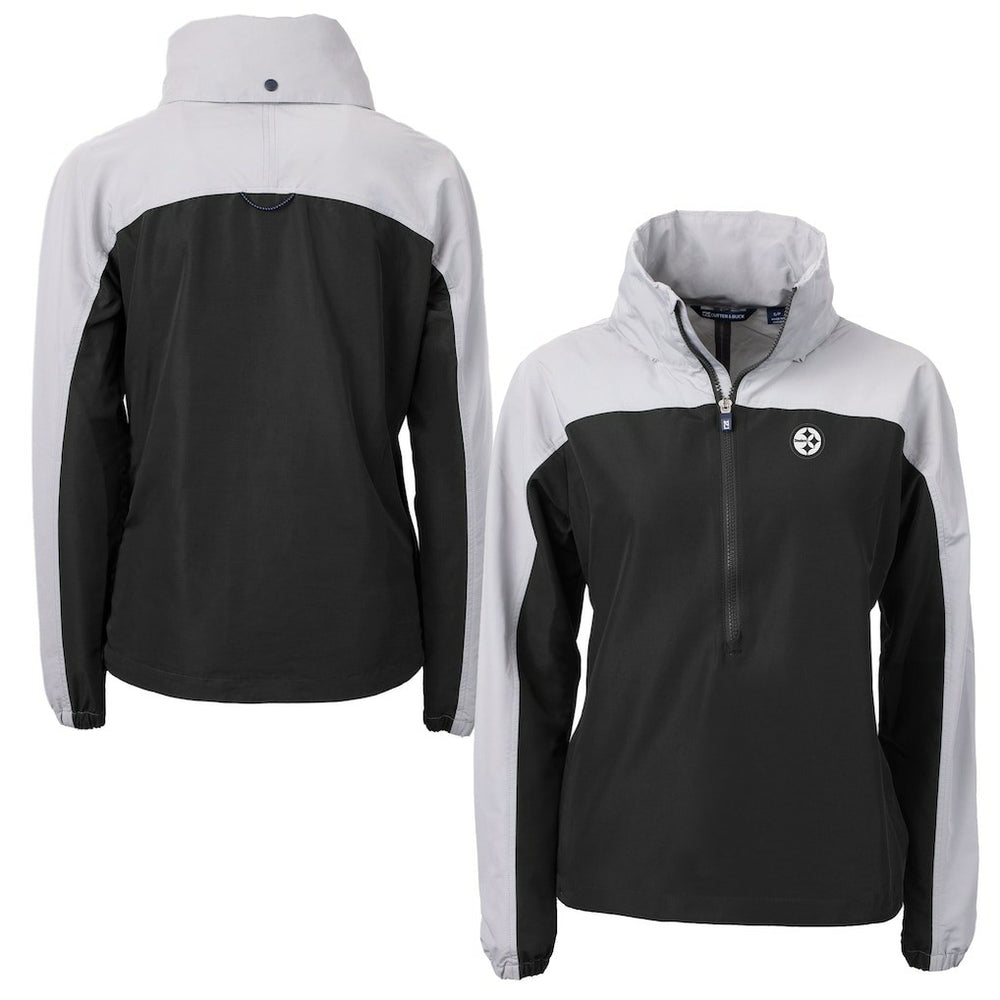 Pittsburgh Steelers Cutter & Buck Women's Charter Eco Recycled Half-Zip Hoodie Anorak Jacket Black/Gray | NFL